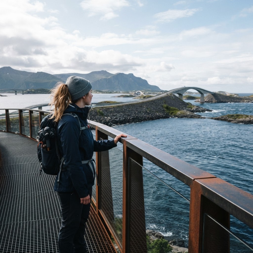 The Eldhusøya walkway offers a serene way to experience the coastal beauty.