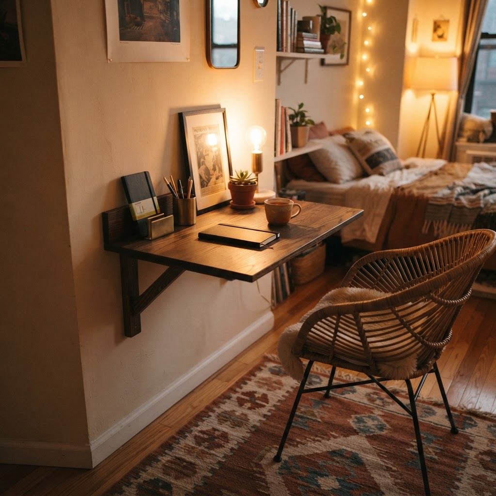 Fold-down desks are perfect for keeping a workspace tucked away.