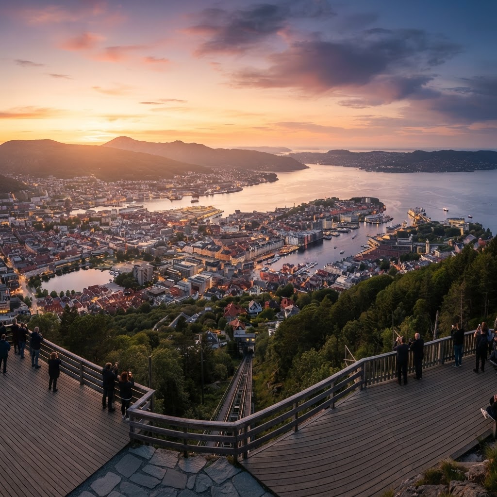 A stunning panoramic view of Bergen from the heights of Mount Fløyen.