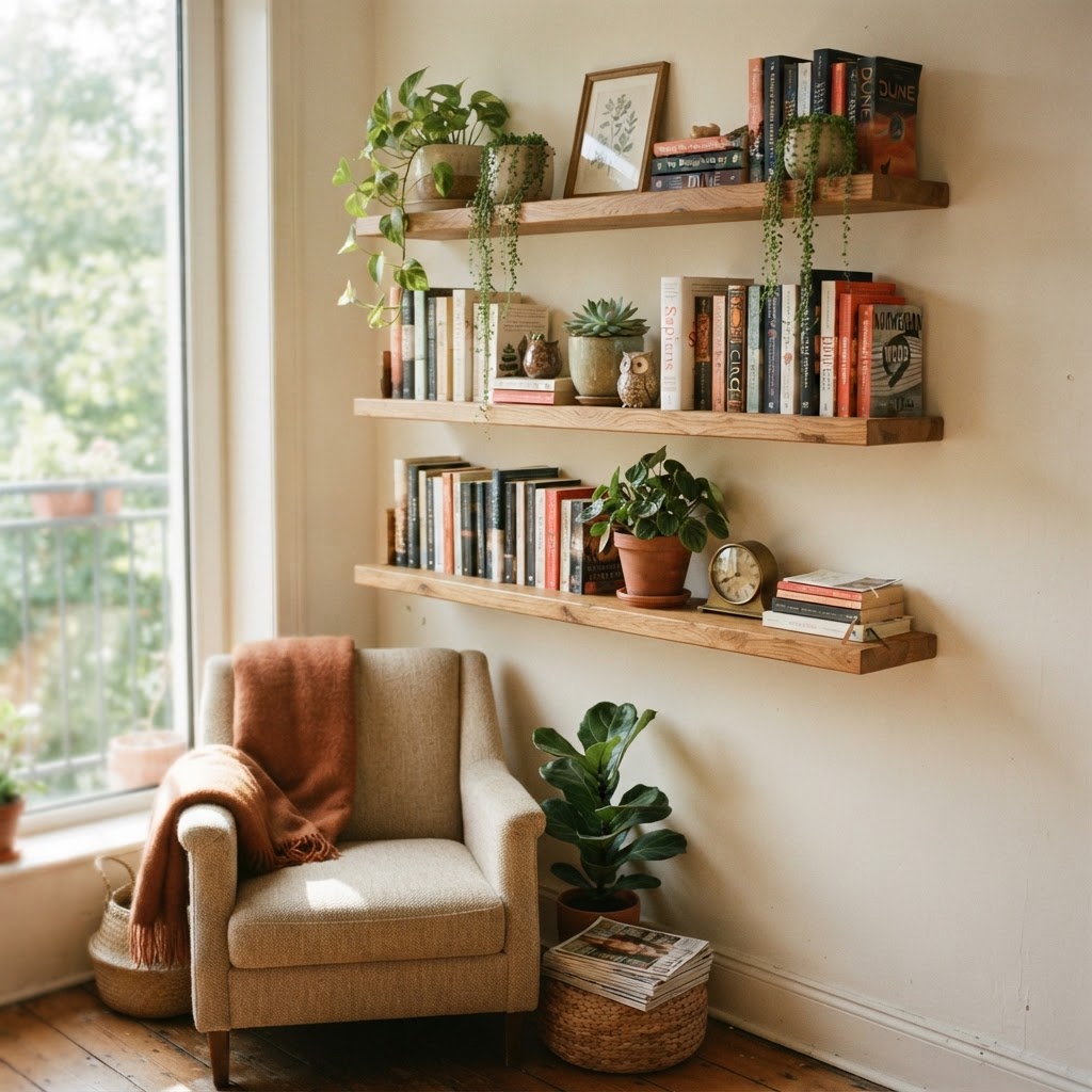Floating shelves make the most of every corner.