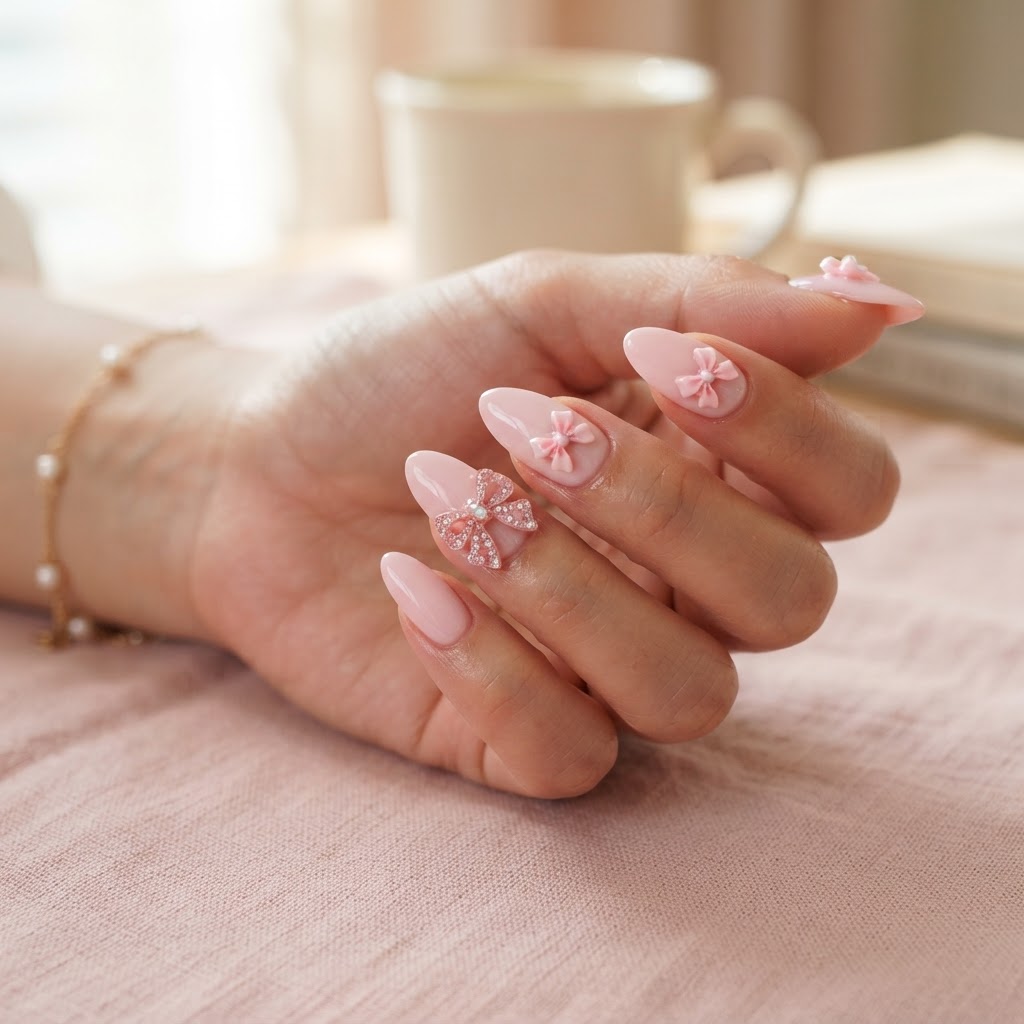 Coquette style bow nail art perfect for birthday celebrations.