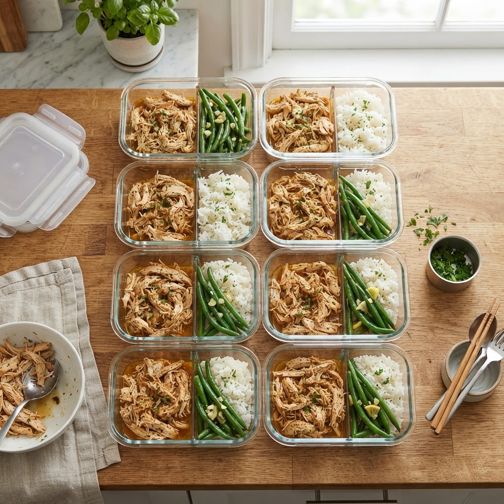 Efficient meal prep using versatile slow cooker chicken.