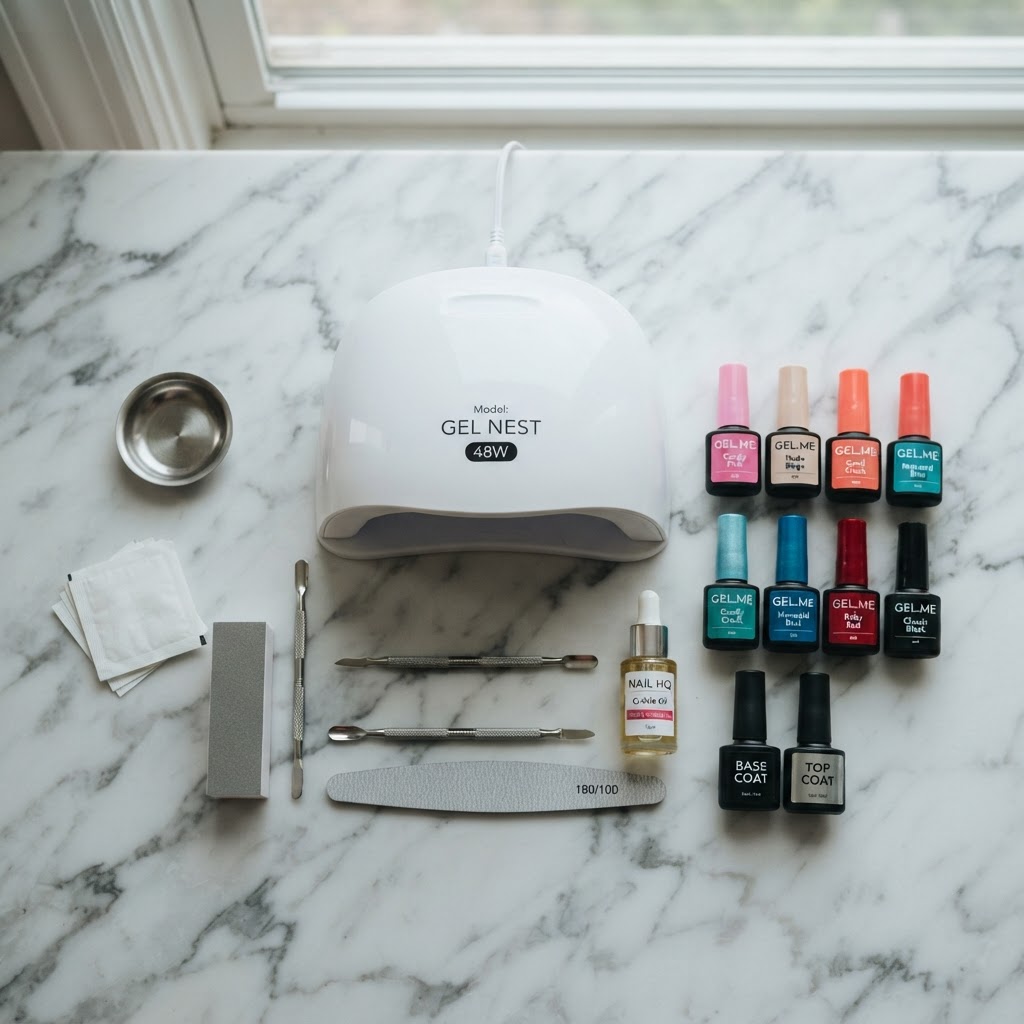 Essential tools for a professional-grade gel manicure at home.