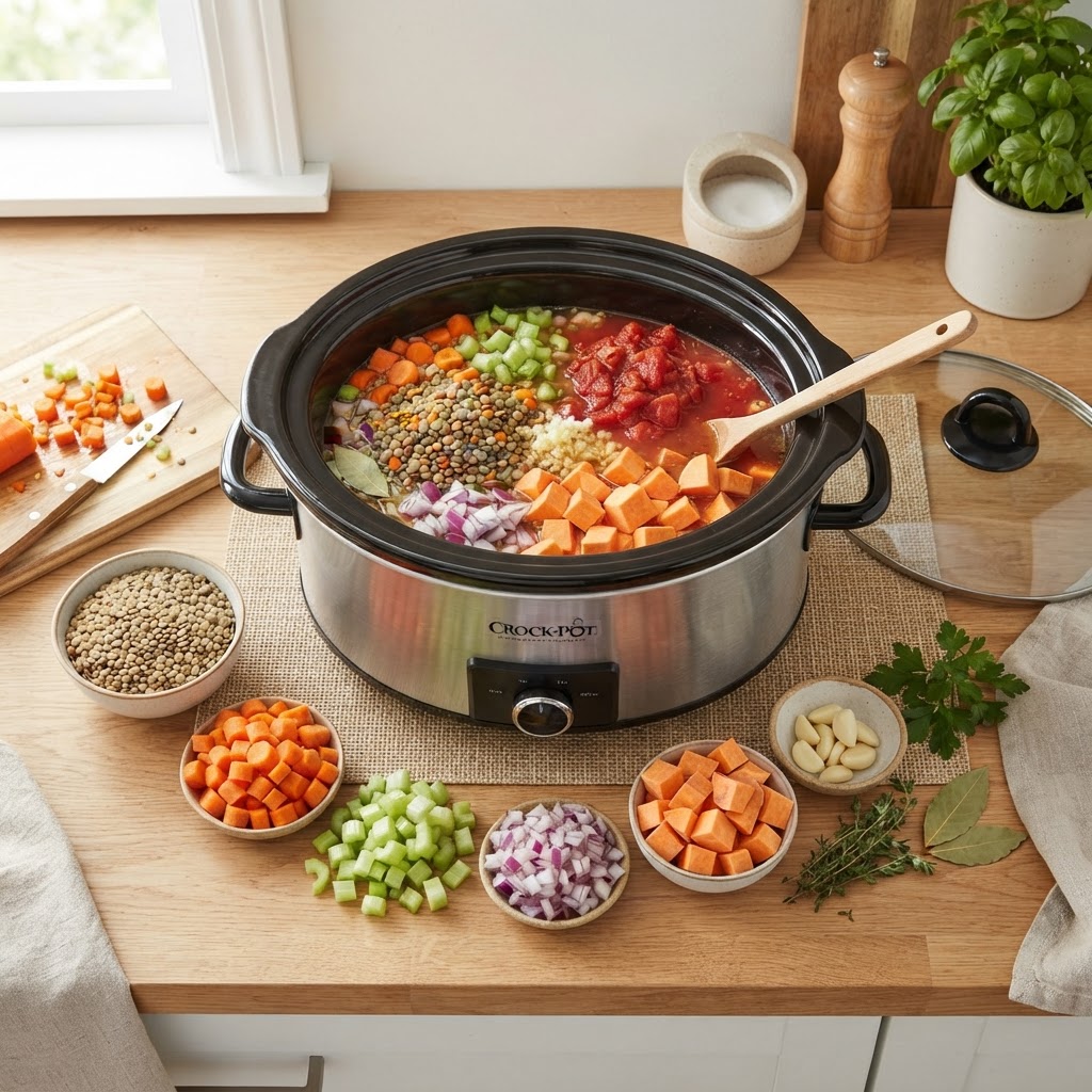 Fresh ingredients ready to be transformed into a healthy slow cooker lentil soup.