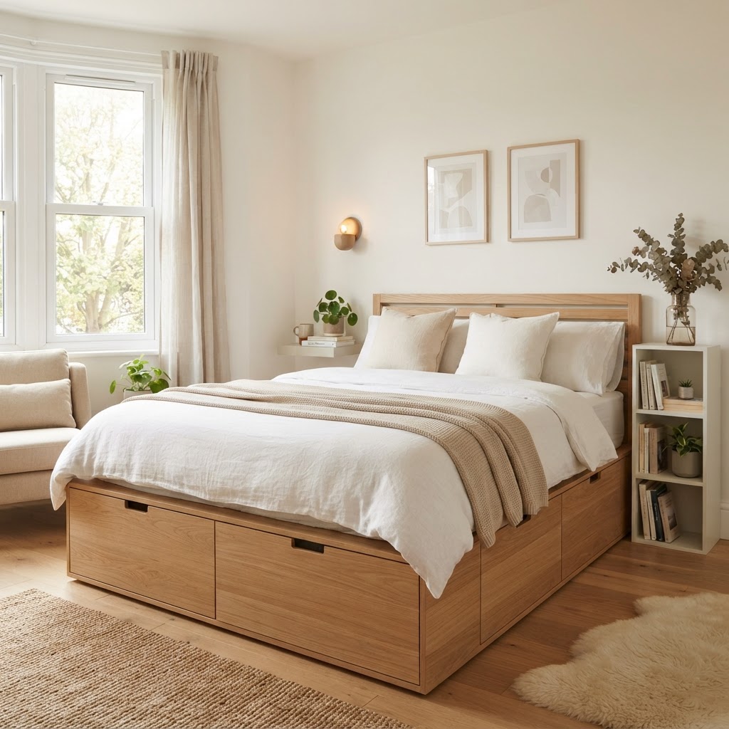 Maximizing space with multifunctional bed frames.