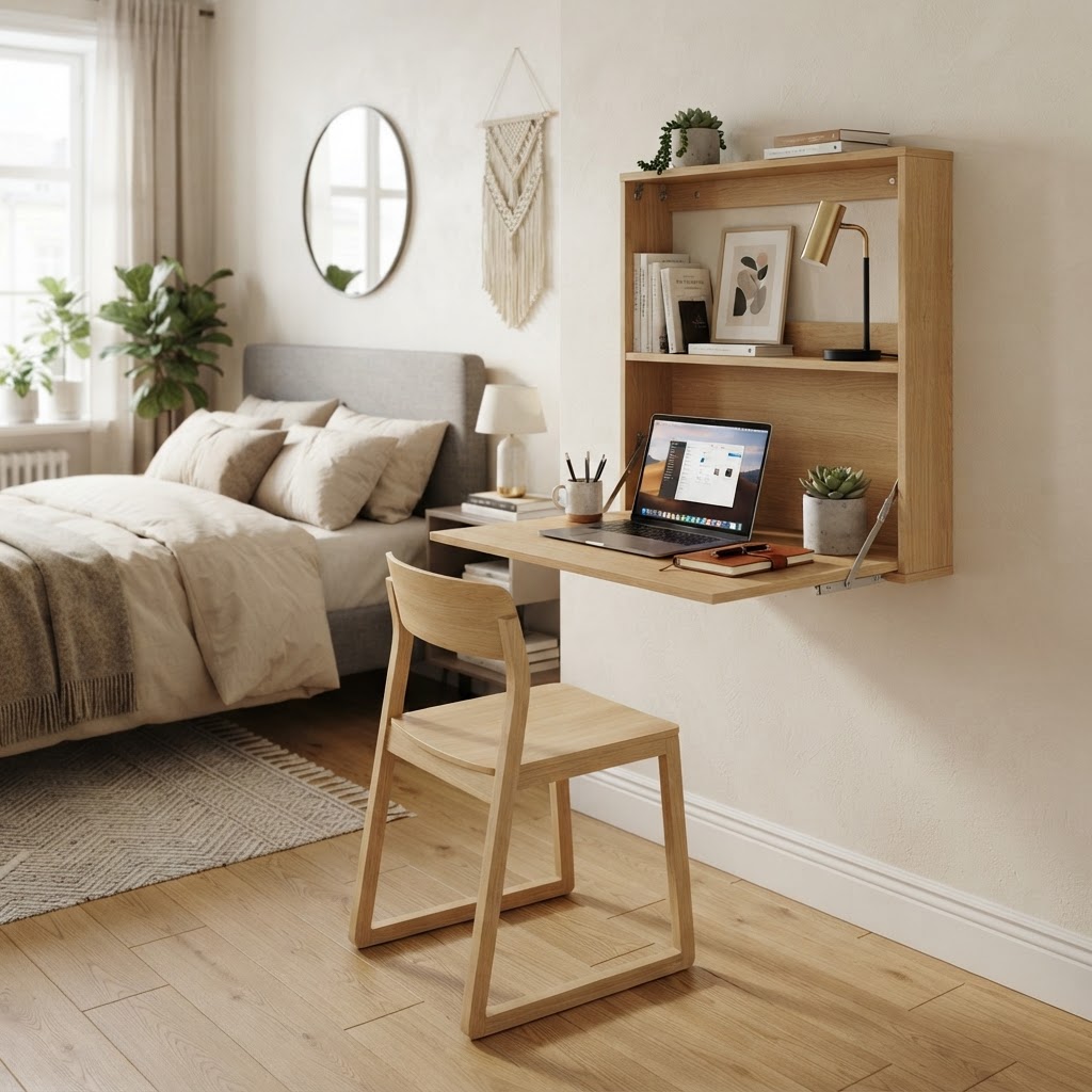A fold-down desk provides a workspace without the permanent clutter.