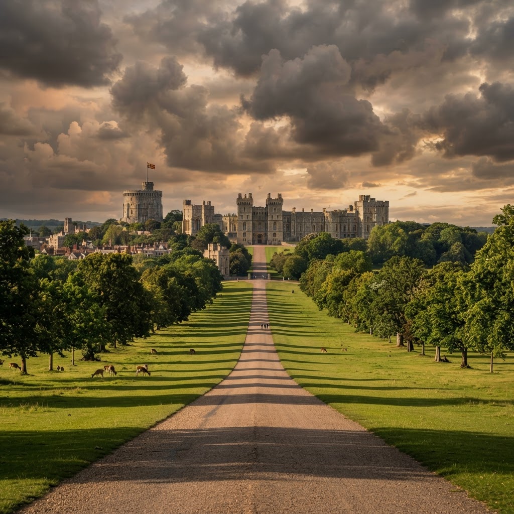 The grand scale of Windsor Castle at sunset.