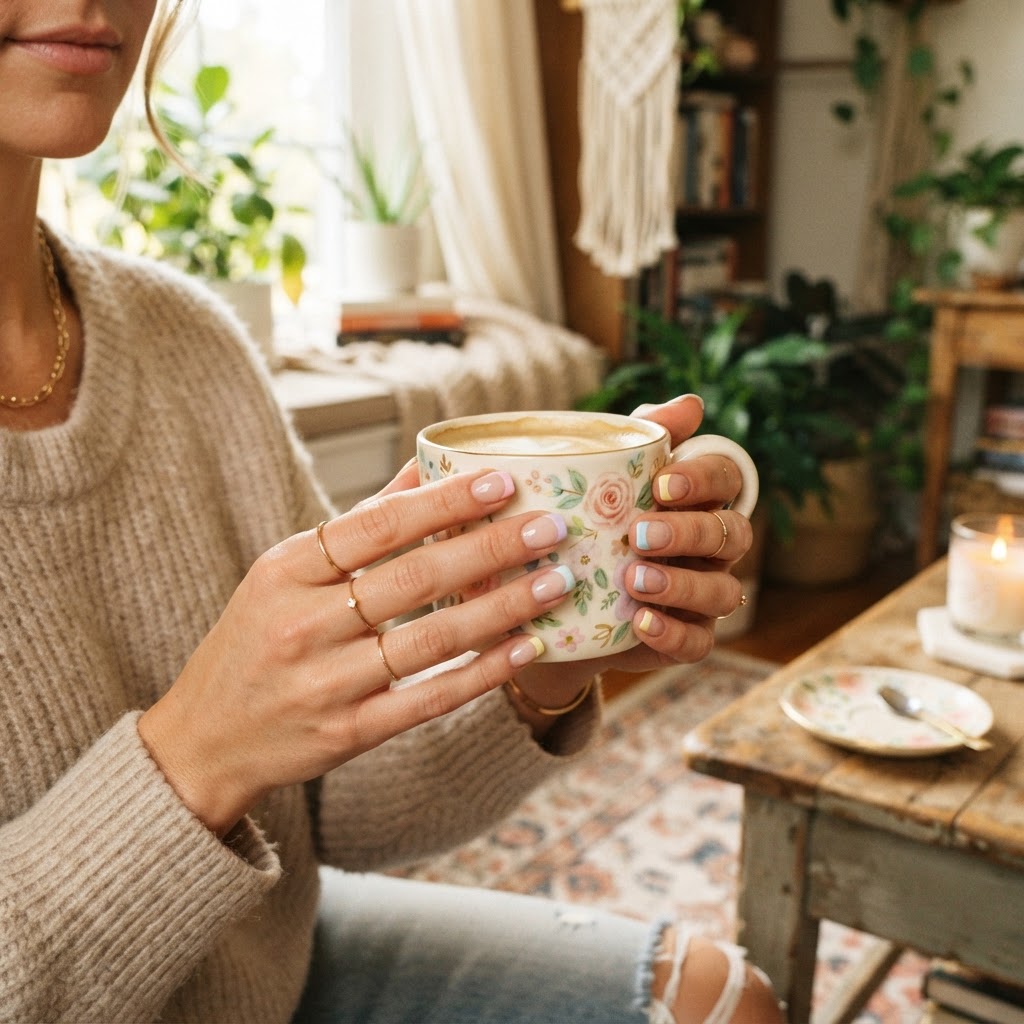 Short square french press-on nails perfectly complementing a soft aesthetic.