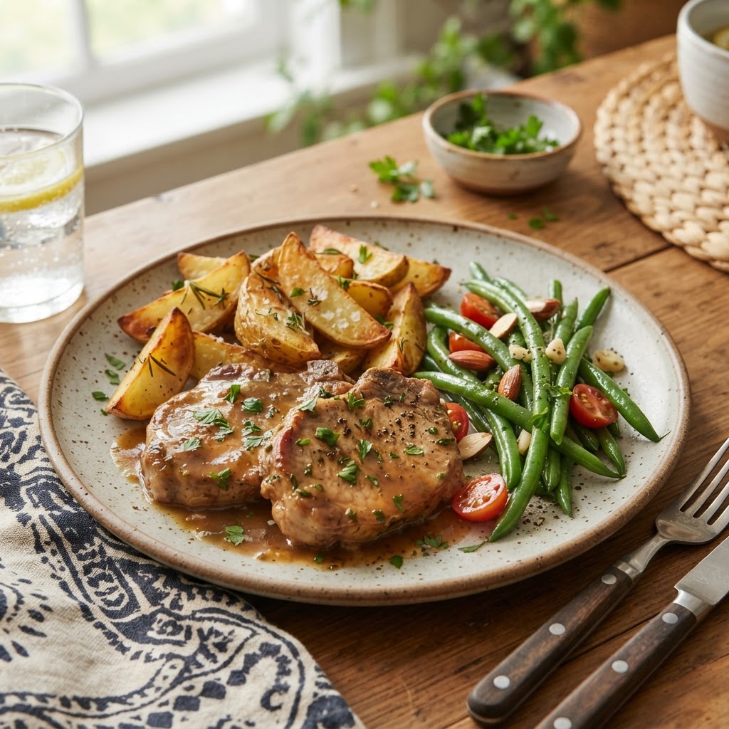 A complete, hearty dinner with pork chops and seasonal sides.