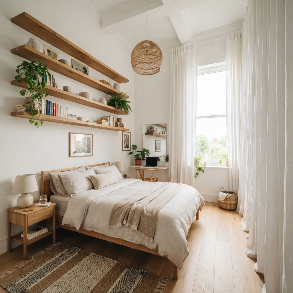 Vertical decor tricks draw the eye up to increase height perception.