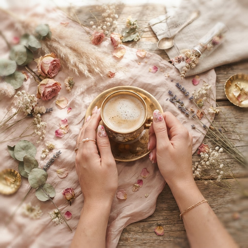 Soft pink floral nails styled for a cozy aesthetic.