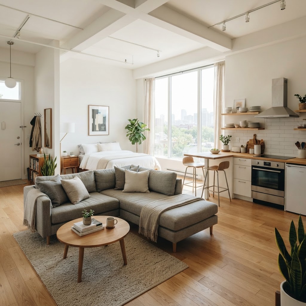 Using a sectional as a room divider helps define zones in an open-concept apartment.