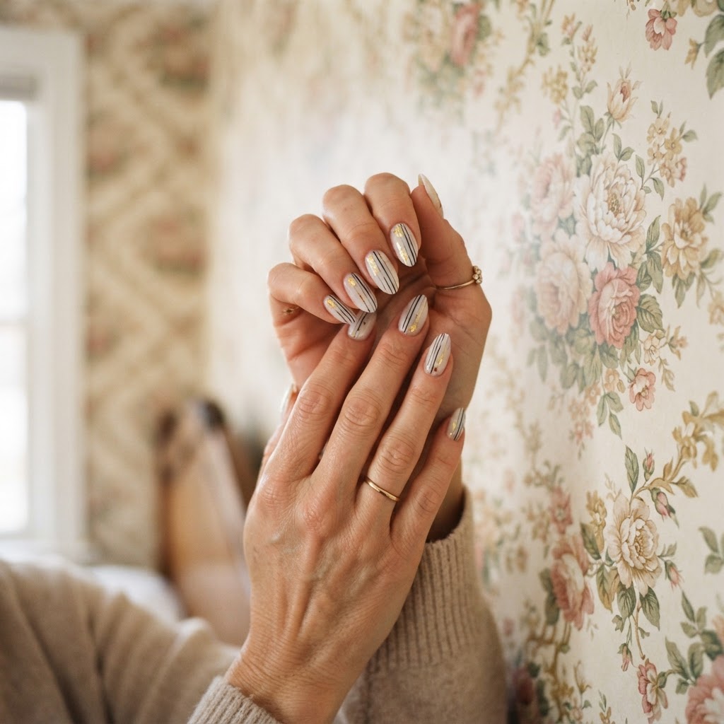 Almond-shaped striped press-on nails showing a sophisticated aesthetic.