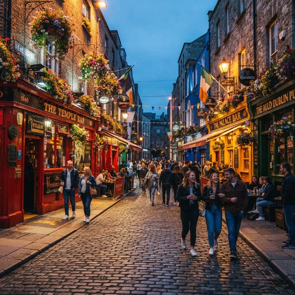 The lively atmosphere of Temple Bar in Dublin.