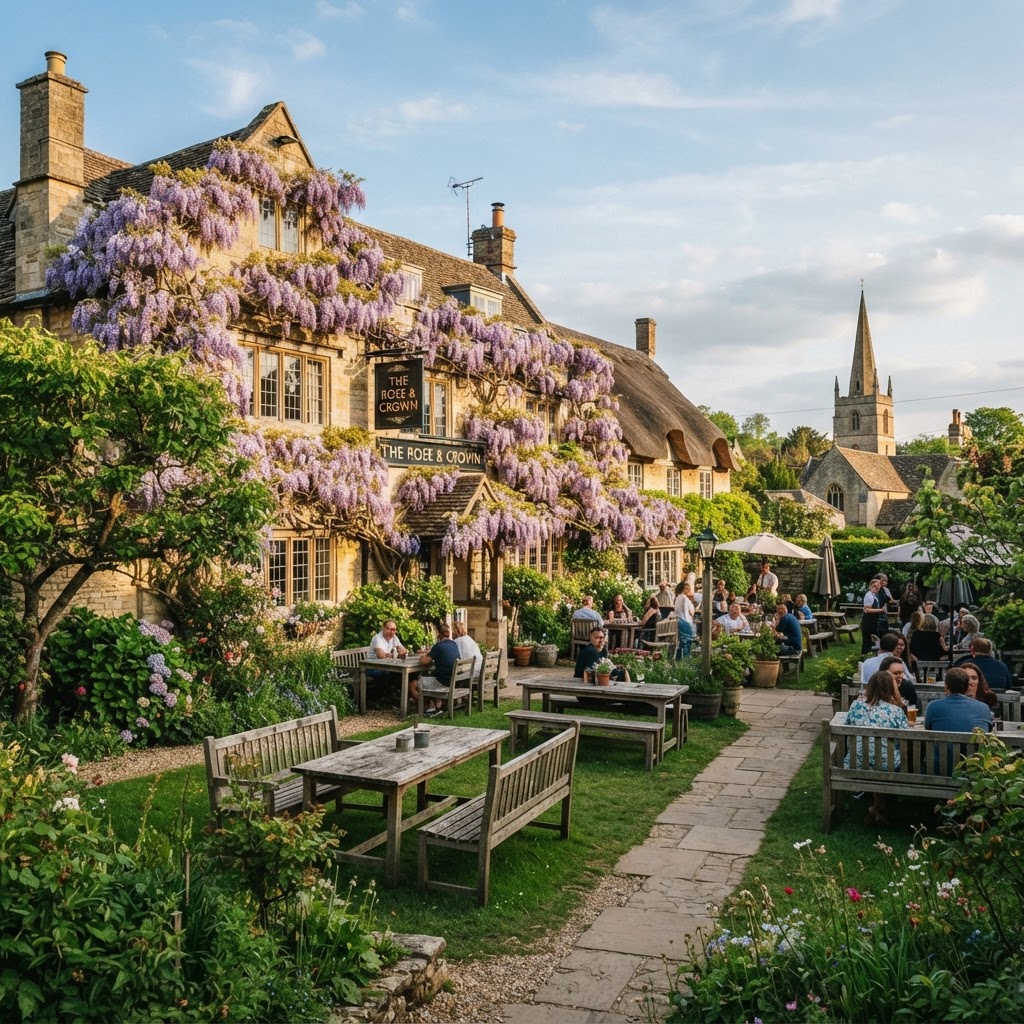 A stunning wisteria-covered pub garden in the English countryside.