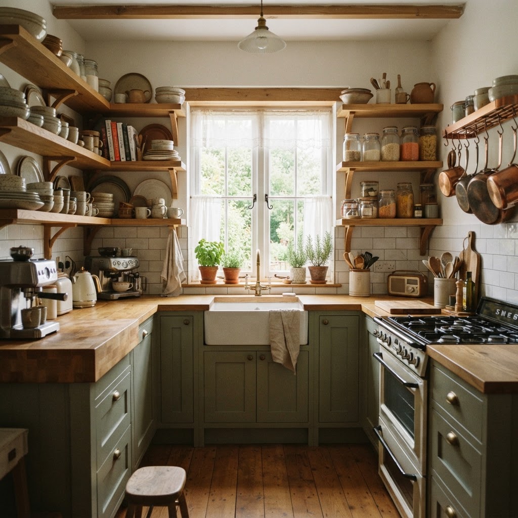 Open shelving helps make this compact U-shaped layout feel more open and accessible.