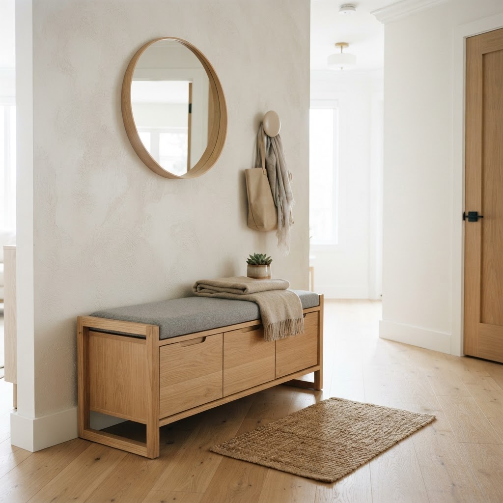 Modern minimalist bench with hidden seat storage.
