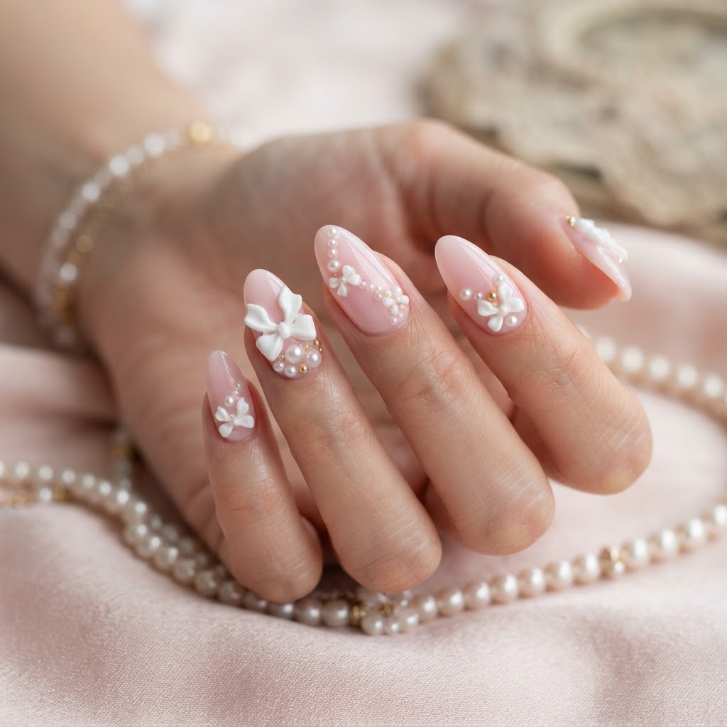 A stunning example of coquette nail art featuring delicate bows and pearls on a soft pink base.