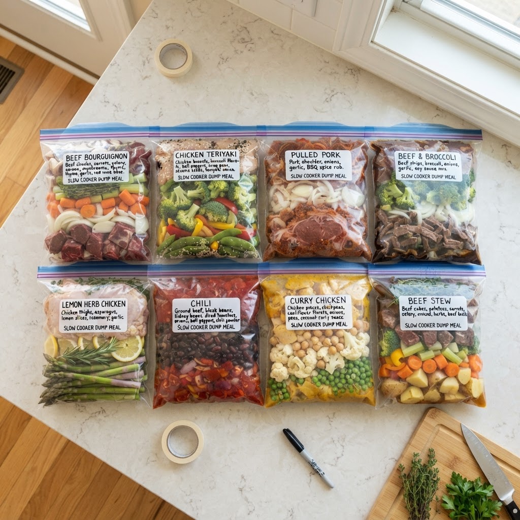 Organized ingredients ready for effortless dump-and-go meals.