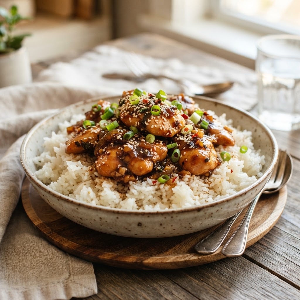 Sticky honey garlic chicken, an easy family favorite.