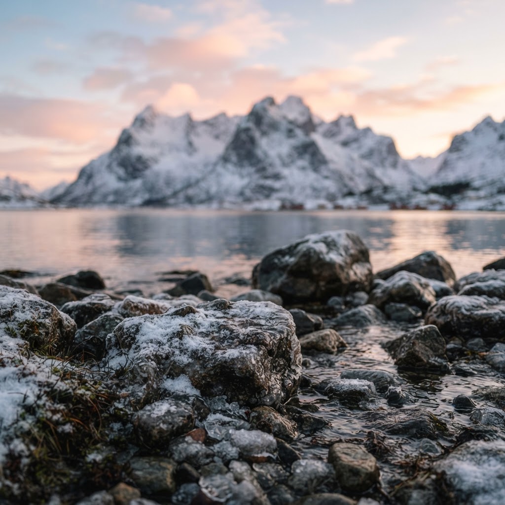The soft light of the Arctic dawn brings out the intricate textures of the Lofoten landscape.