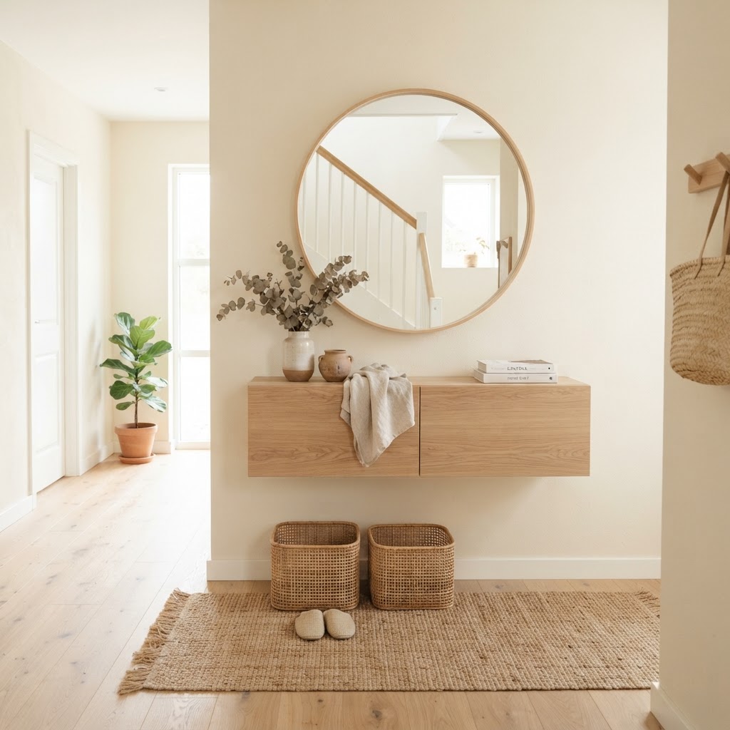 A light and airy entryway using a floating console and mirror to maximize space.