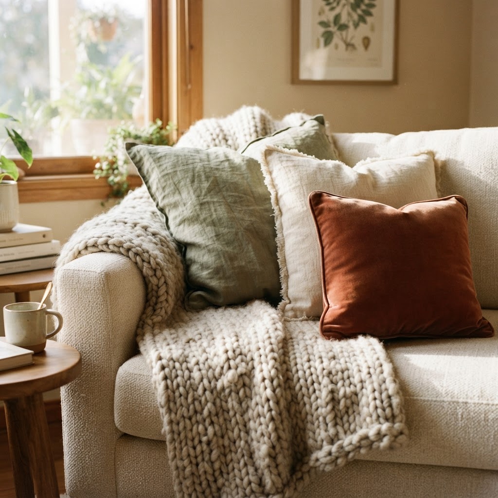 Layering different fabrics and textures instantly makes a space feel more comfortable.