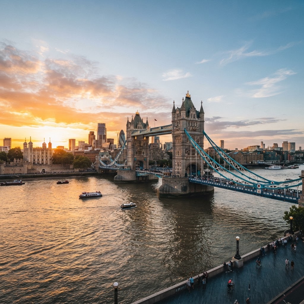 Tower Bridge glowing during a golden hour sunset.