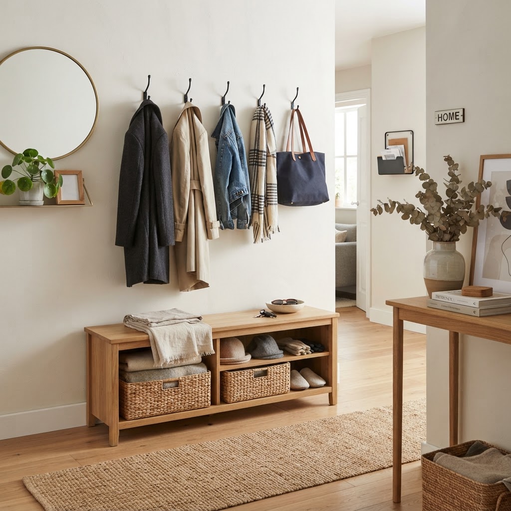 A storage bench creates an organized entryway drop zone.