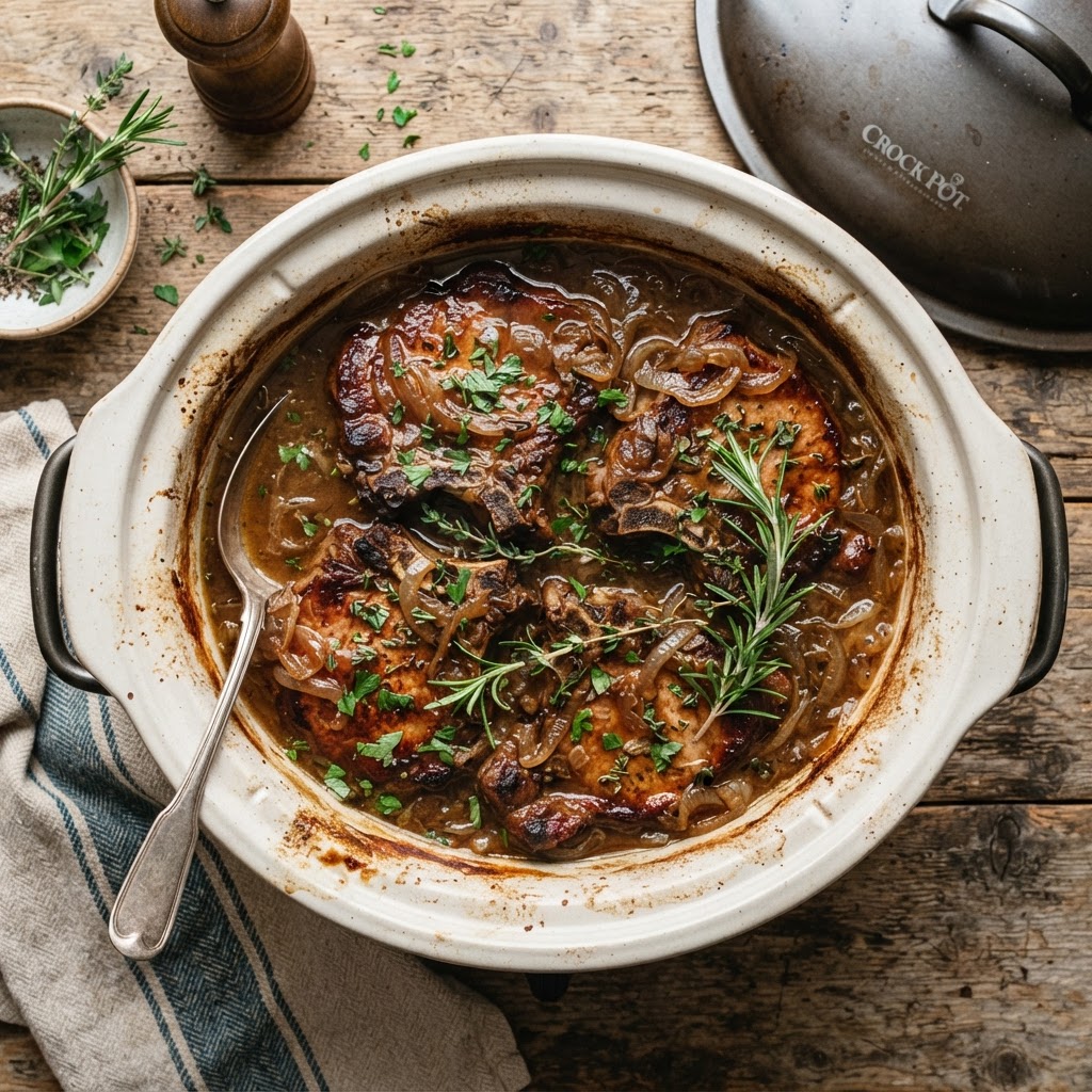Slow cooker pork chops ready to be served.