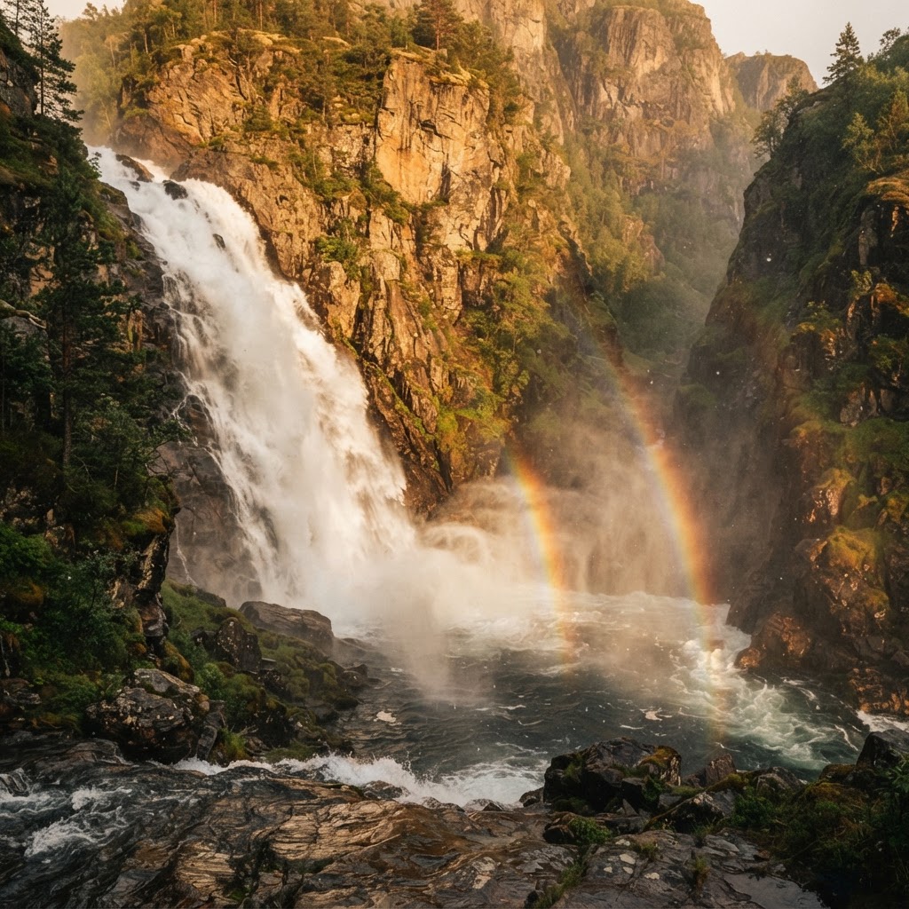 Golden light catching the mist of a Norwegian waterfall.