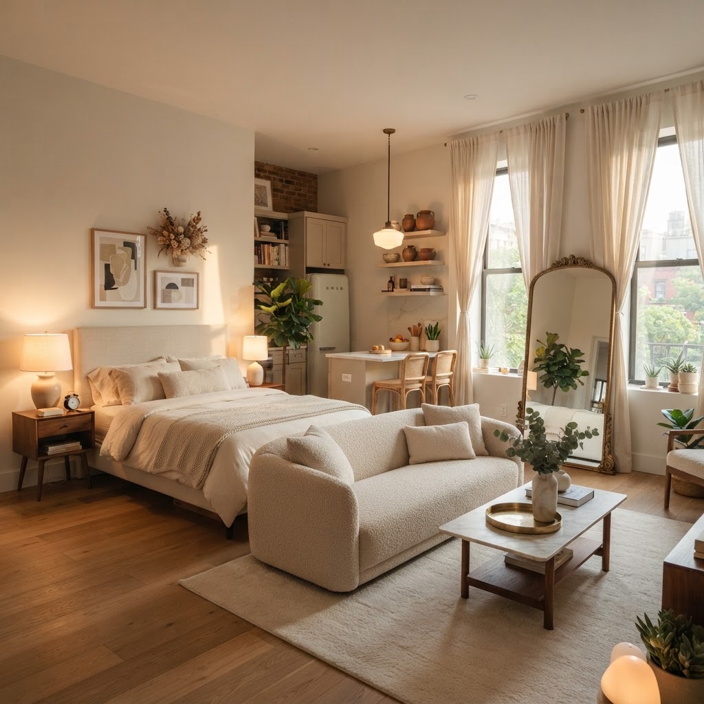 Maximize your 400-sq-ft apartment with strategic lighting and floor-to-ceiling curtains.