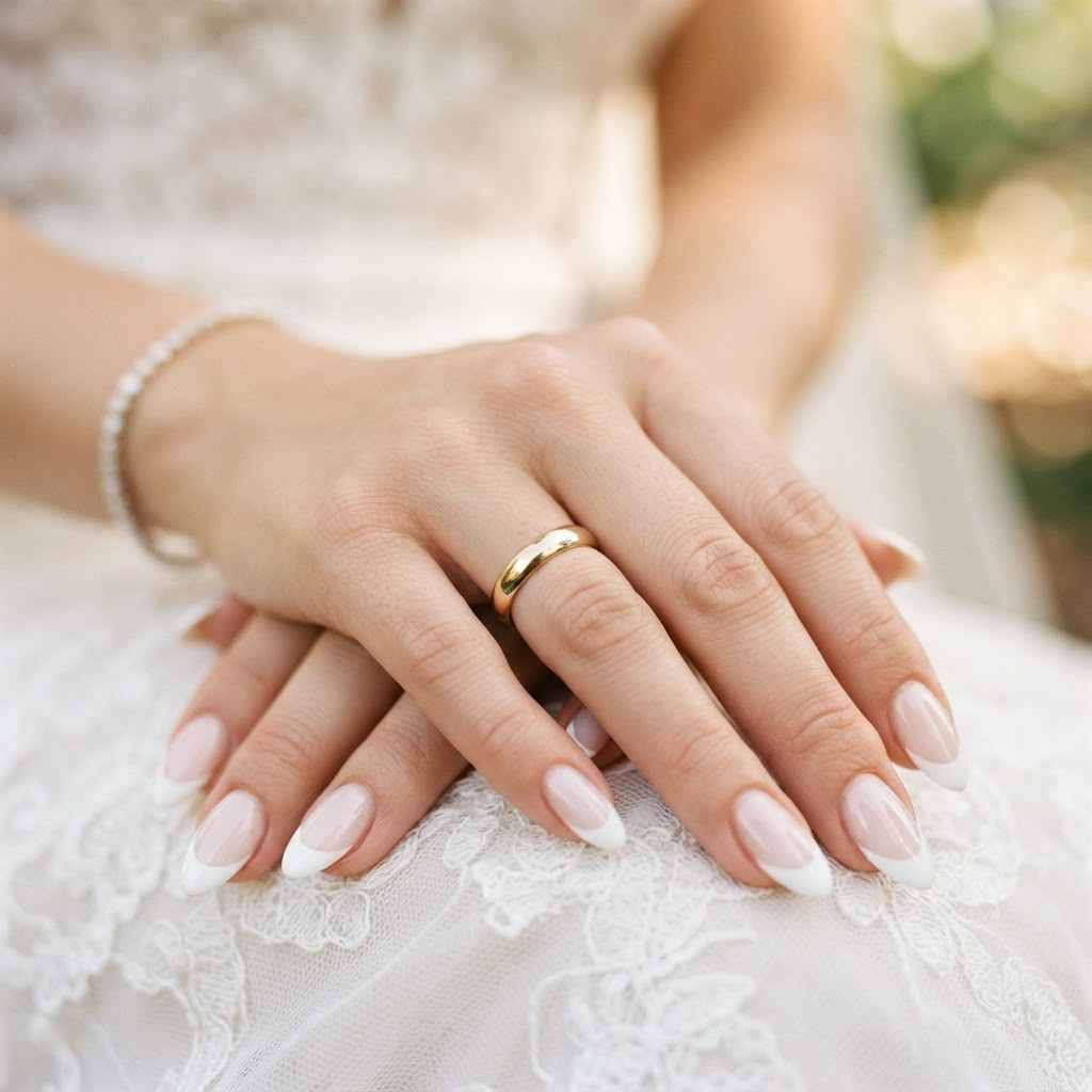 A clean, elegant french manicure enhances the beauty of your wedding ring.