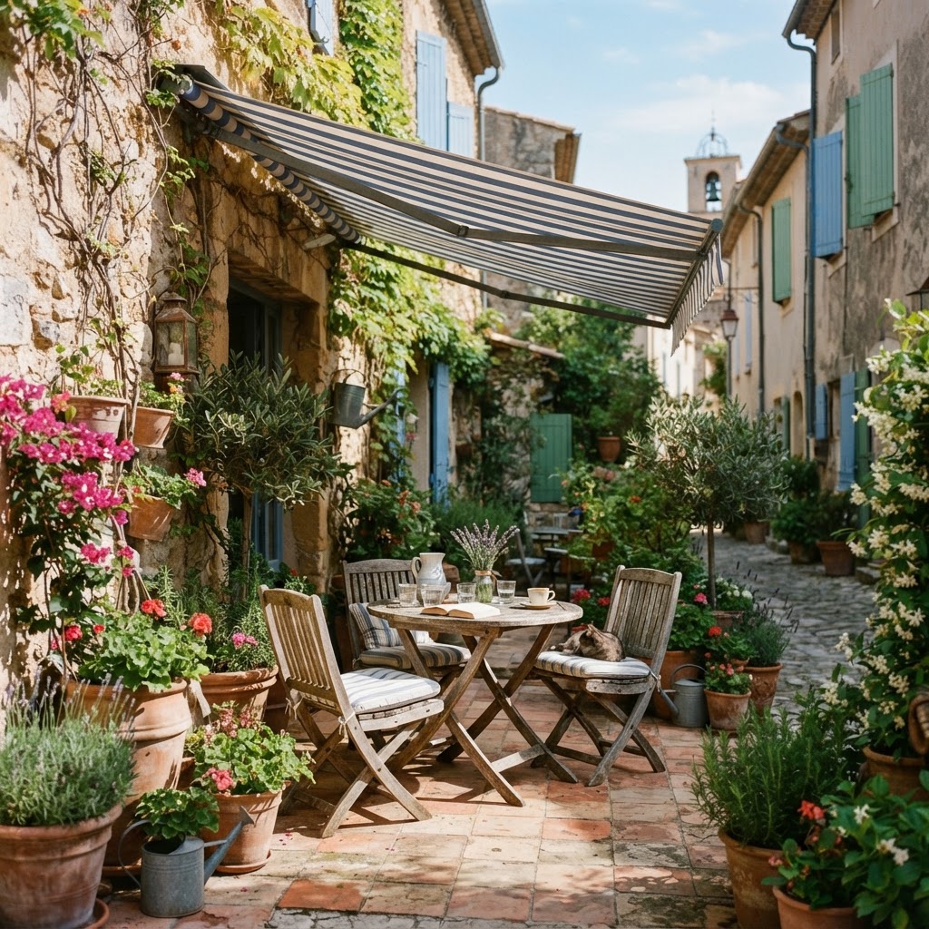 Linen awnings provide the perfect dappled shade for a summer afternoon.