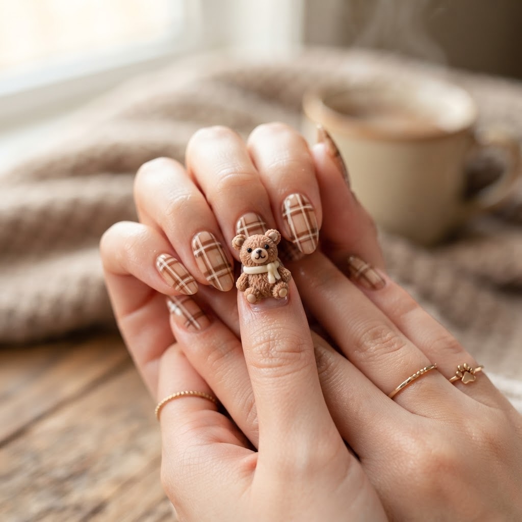 Cozy bear and plaid nail design for autumn.