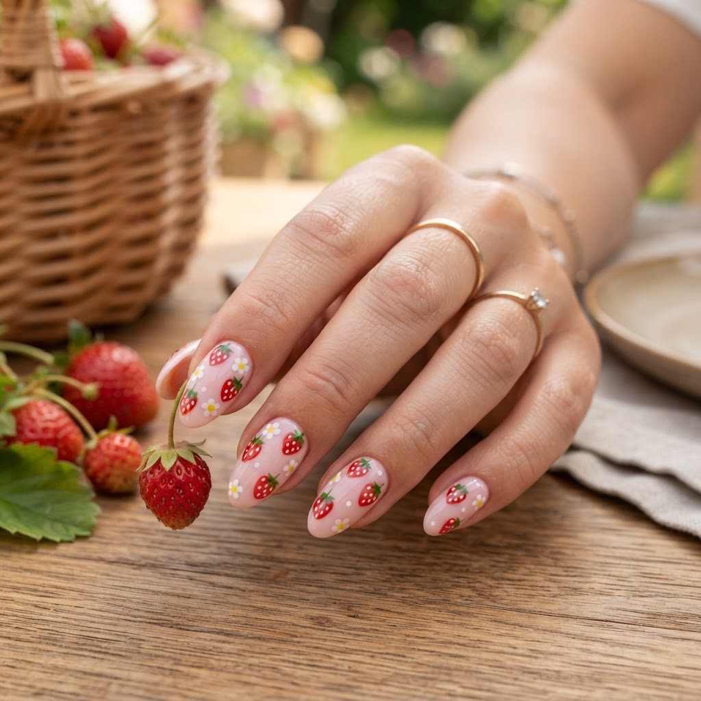 Vibrant summer strawberry designs are perfect for warm-weather manicures.