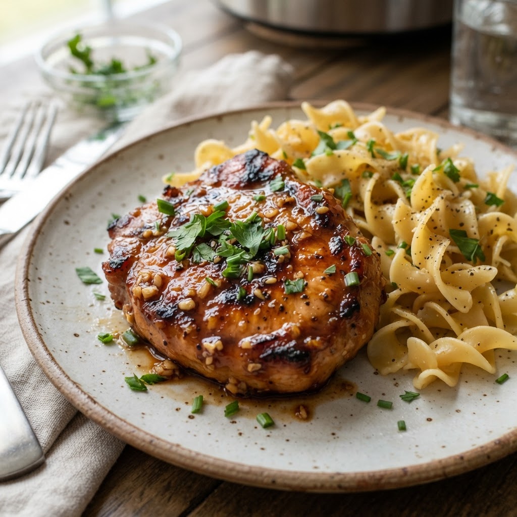 A tender, honey garlic glazed pork chop ready for dinner.