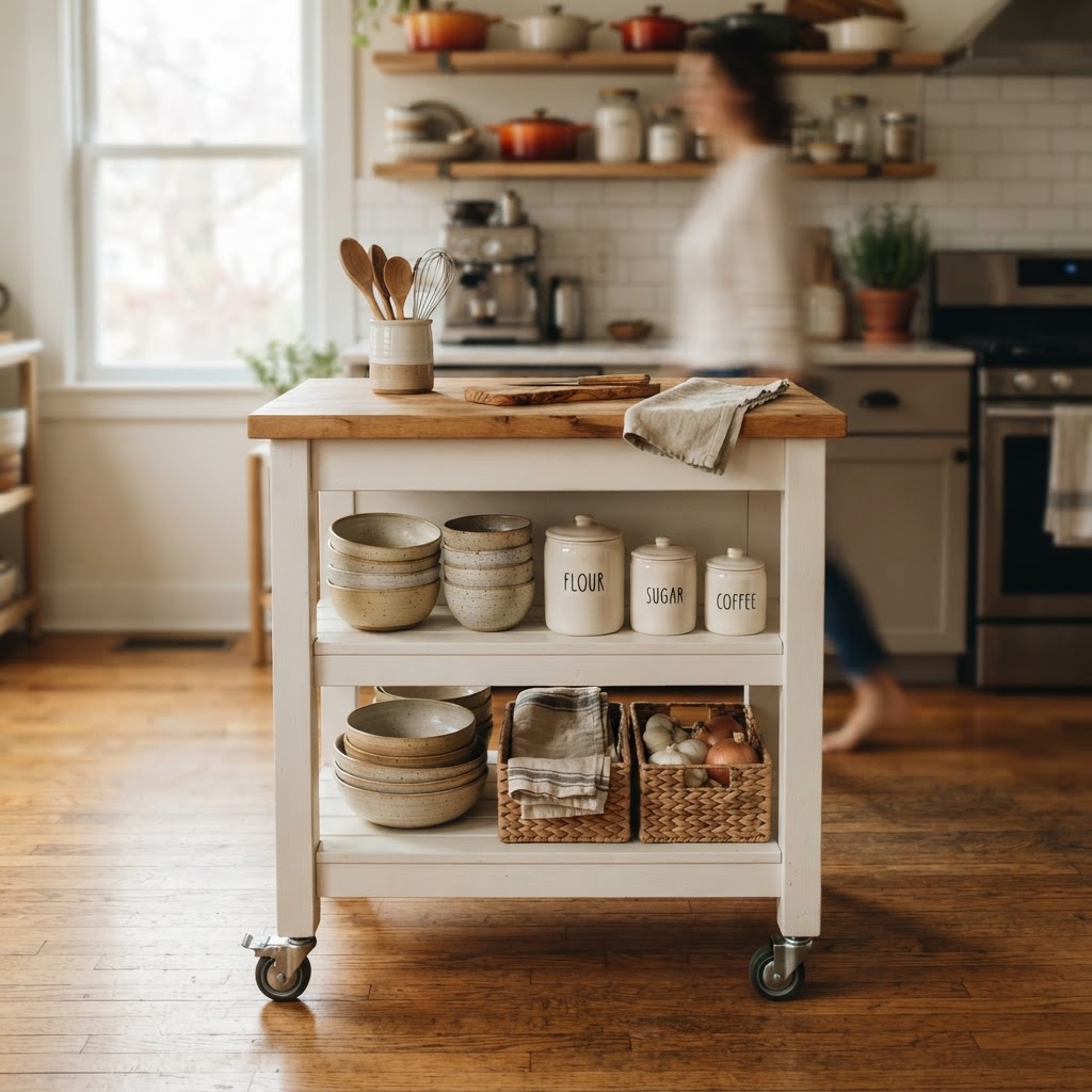 A movable kitchen island offers extra storage and prep space for tiny rooms.