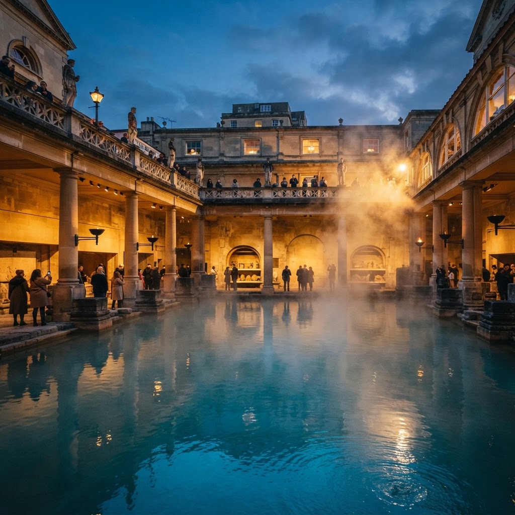 The historic and serene Roman Baths in the city of Bath.