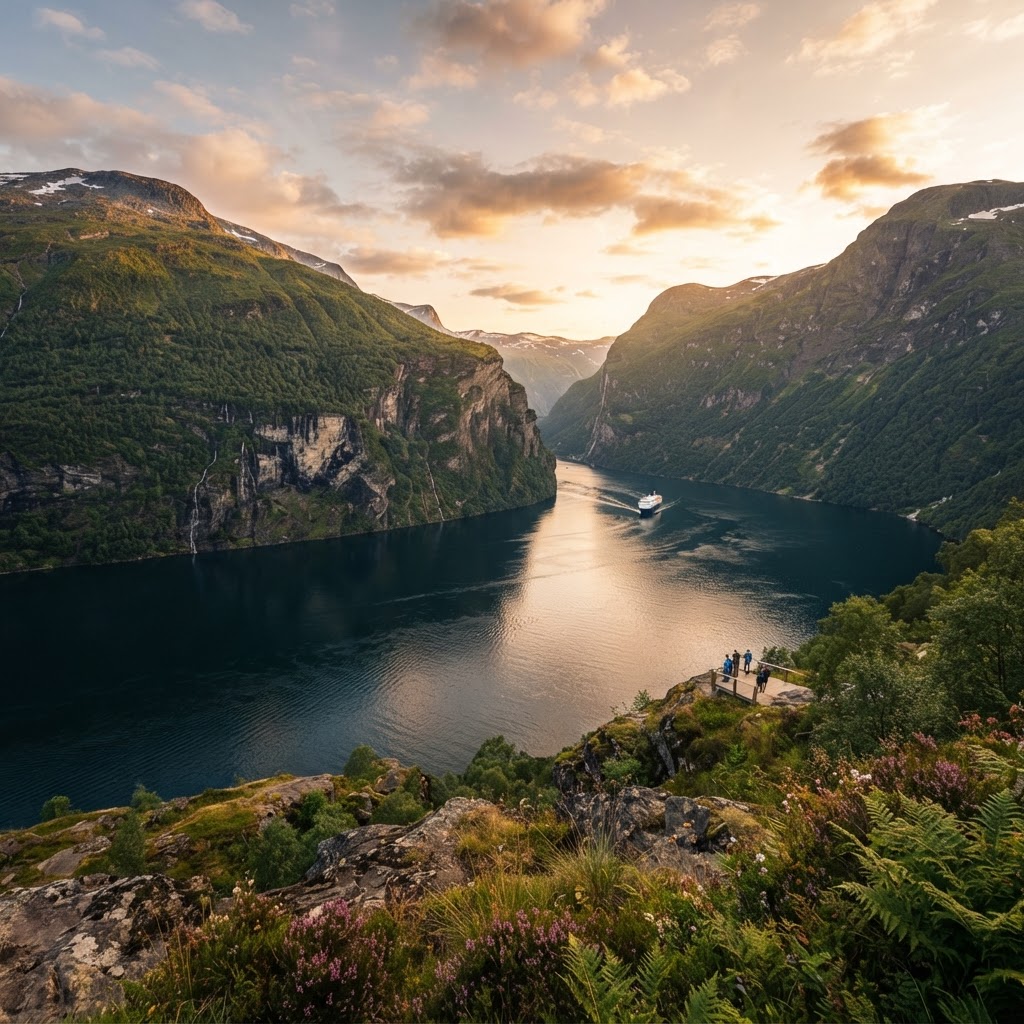 The breathtaking Geirangerfjord at sunset.