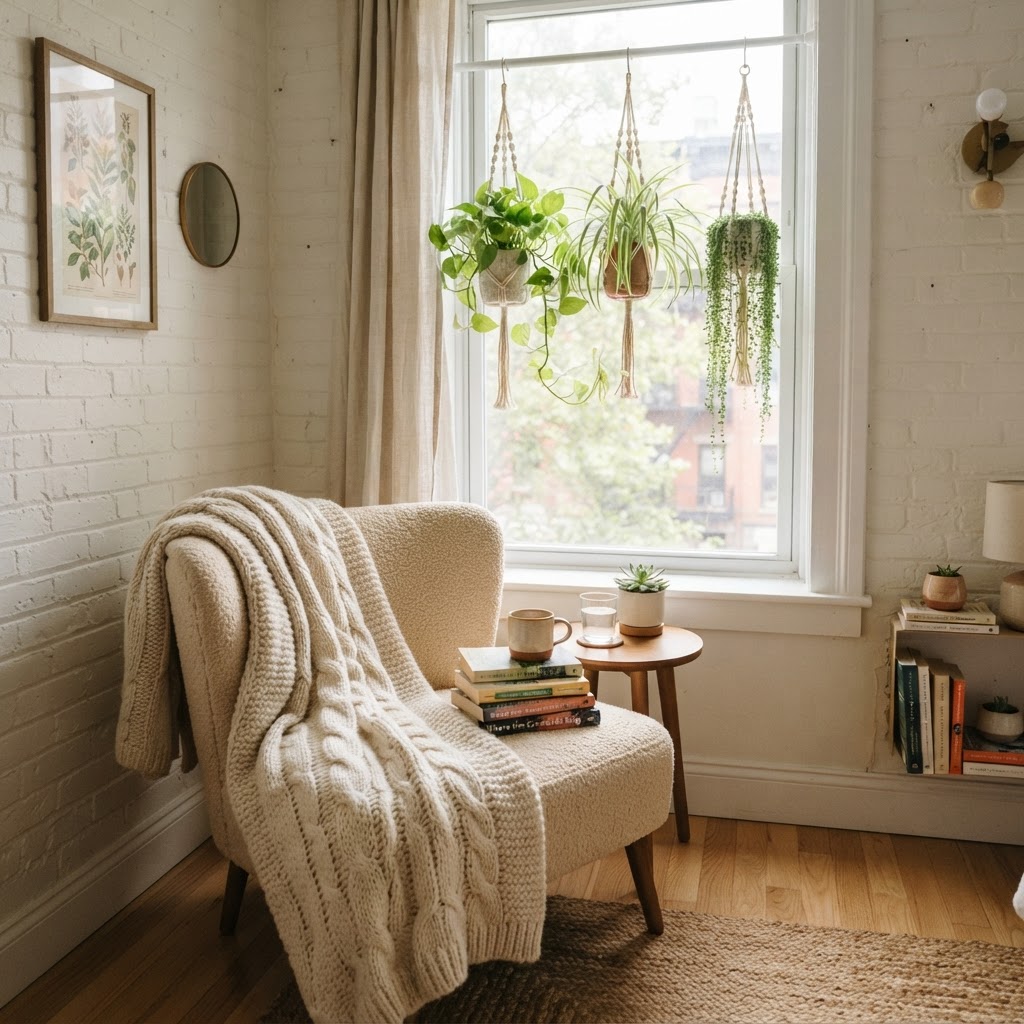 Soft textiles and indoor plants make a rental feel like a true home.