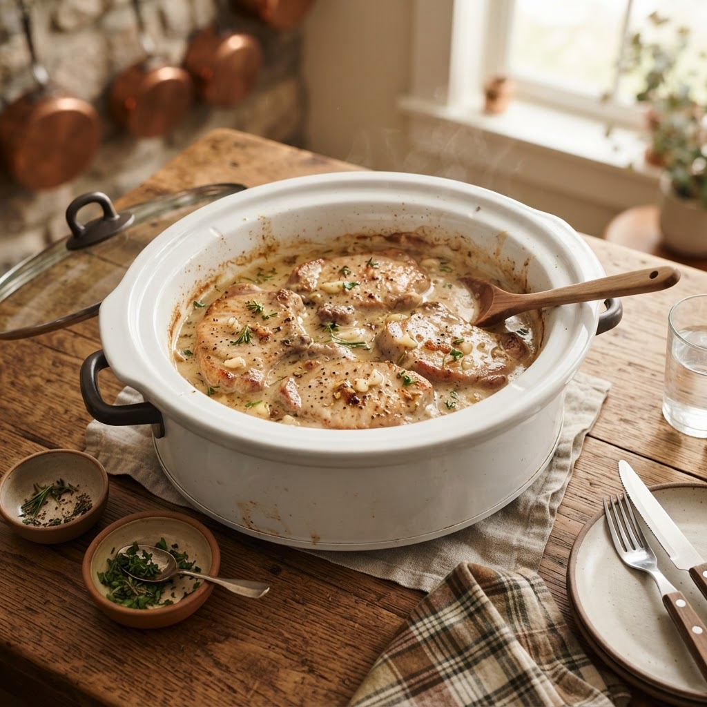 Tender slow cooker pork chops smothered in a rich, creamy gravy.
