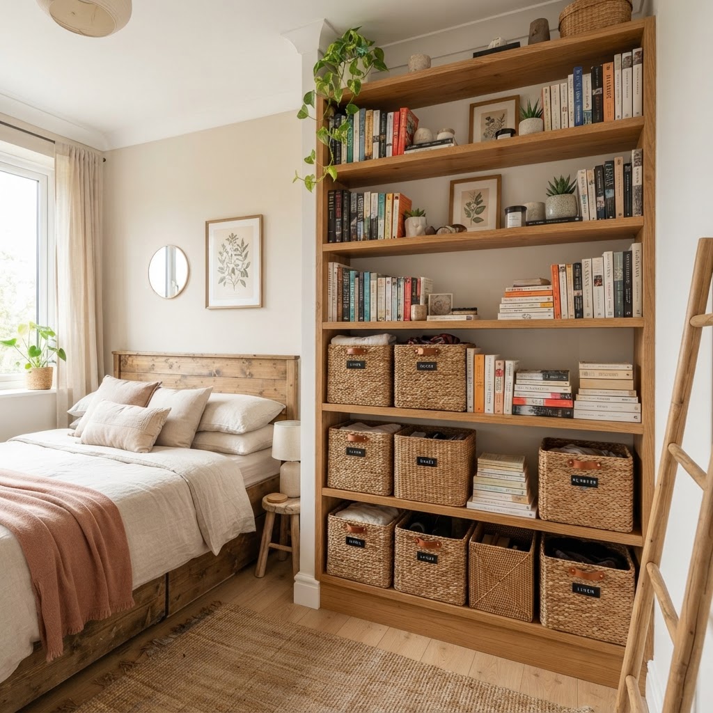 Vertical shelving draws the eye upward and clears the floor.
