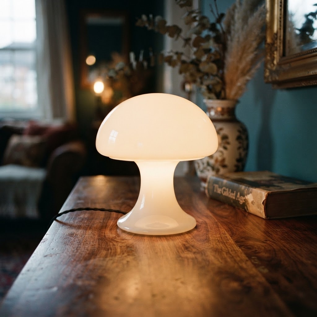 Opal glass mushroom lamps add a soft, retro glow to side tables.