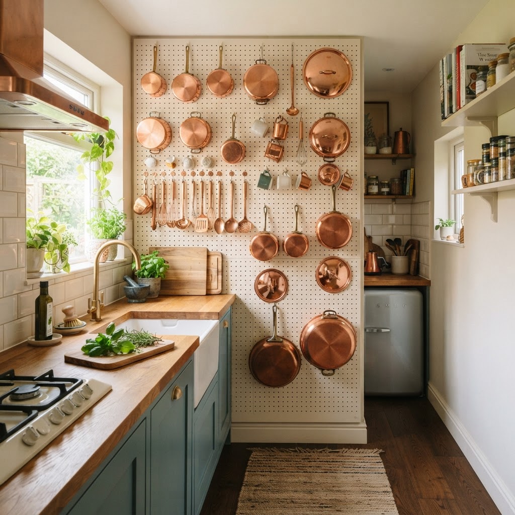 Vertical storage using a pegboard for pots and pans.