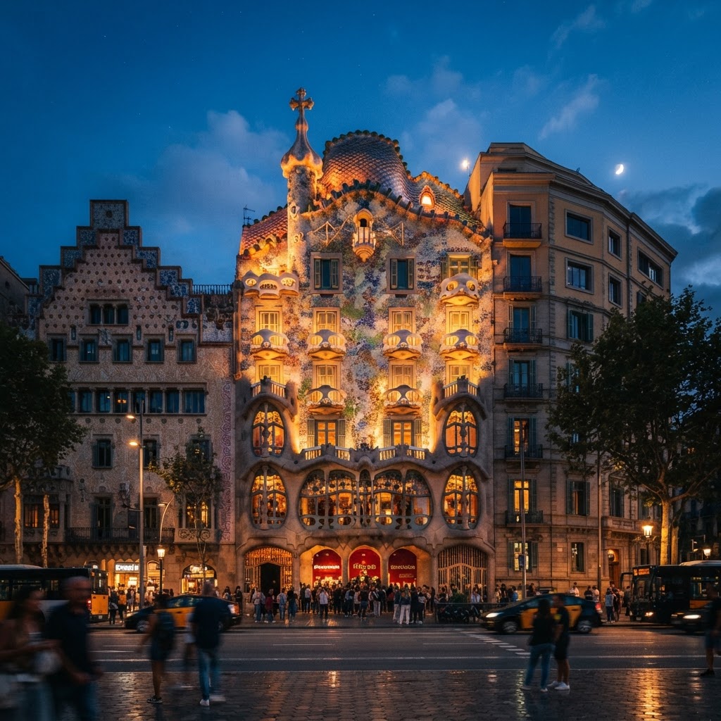 Casa Batlló shining in the evening light.