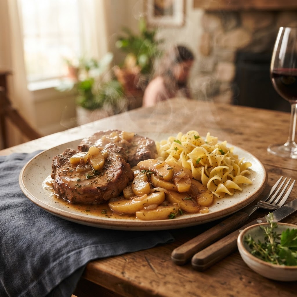 A complete, hearty meal with pork chops, apples, and egg noodles.