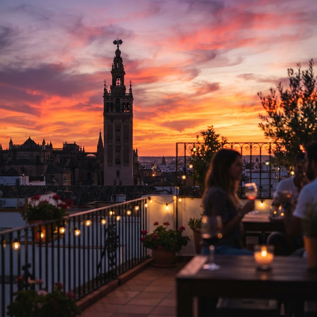 The iconic Giralda tower silhouetted against a breathtaking Andalusian sunset.