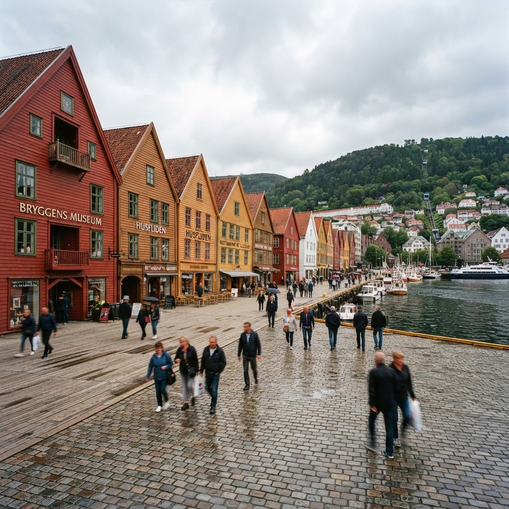 Historic Streets of Bergen: A Walking Guide 2 The iconic wooden structures of Bryggen wharf, a must-visit UNESCO World Heritage site.