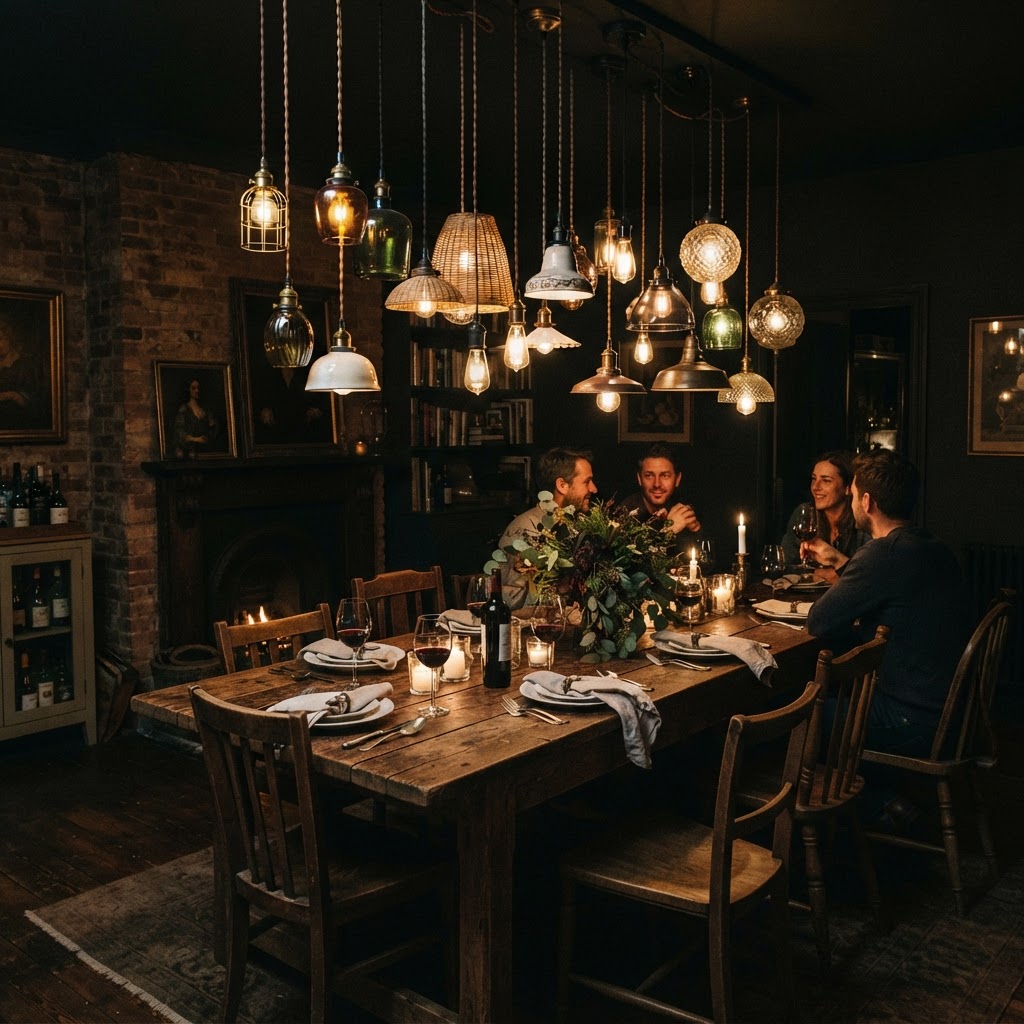 Varying the heights of pendant lights adds character and depth to a dining area.
